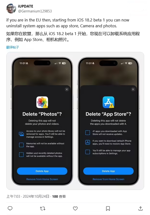 资阳苹果手机维修分享iOS 18.2 支持删除 App Store 应用商店 