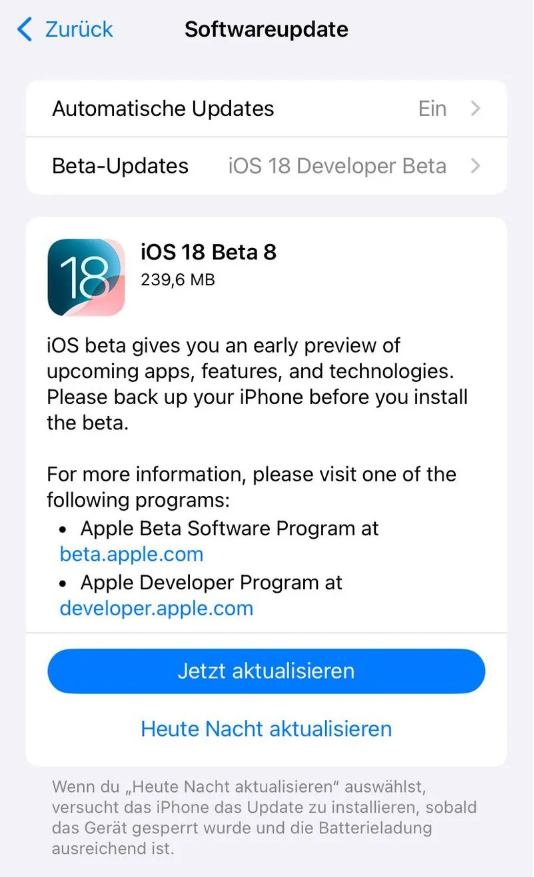 资阳苹果手机维修分享苹果 iOS / iPadOS 18 开发者预览版 Beta 8 发布 